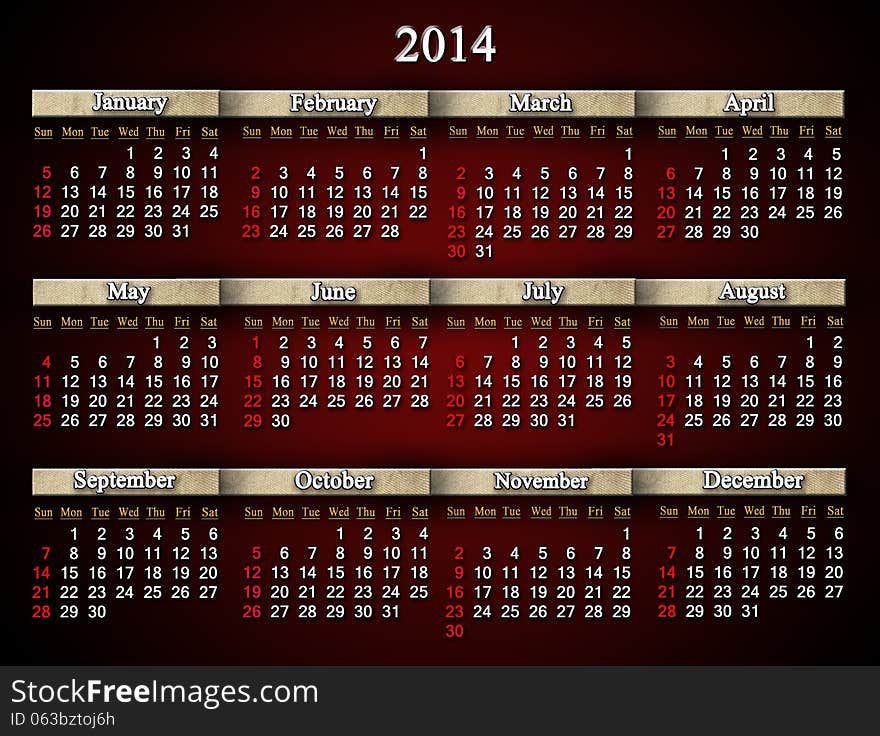 Beautiful claret calendar for 2014 year in English