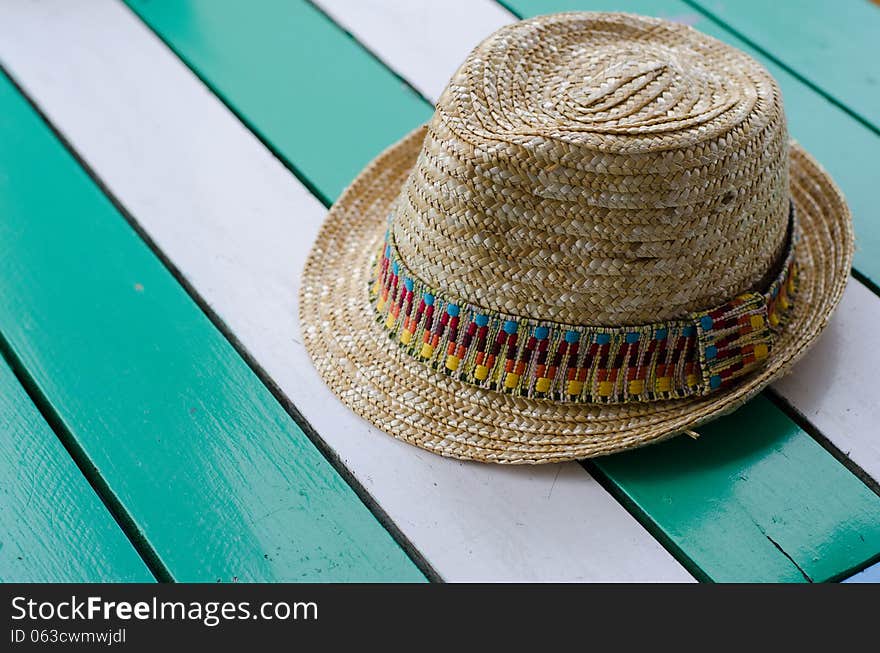 Beautiful colorful hats on the table.