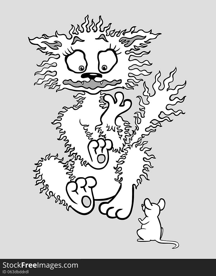 Vector black-and-white illustration of the cat who was frightened of a mouse. Vector black-and-white illustration of the cat who was frightened of a mouse