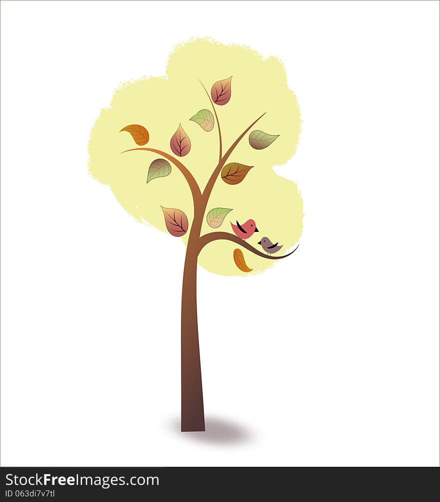 Autumn tree illustration with leaves and birds .