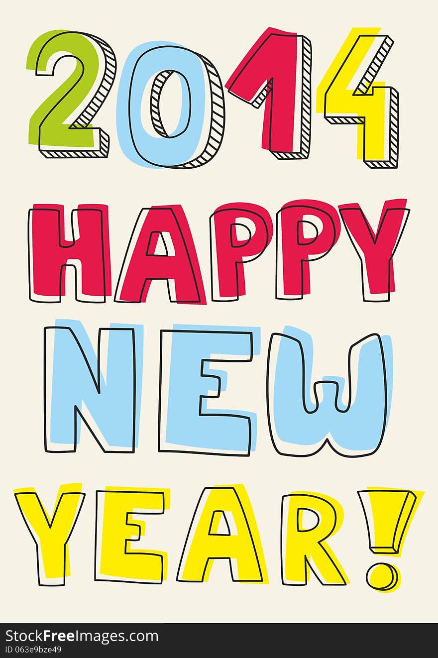 Happy New Year 2014 Vector Hand Drawn Colorful Wis