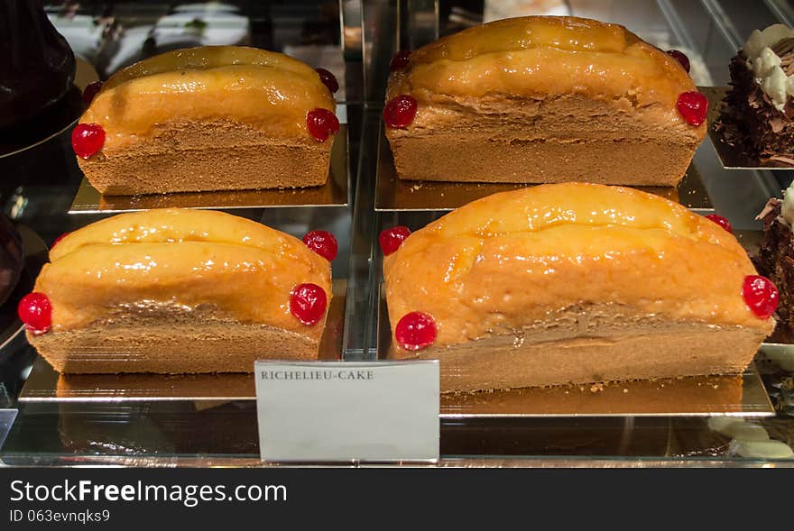 Richelieu Cake in a window. This is typical cake design in Swisse during Christmas Season