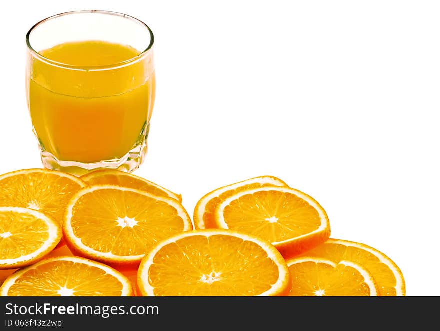 Fresh orange juice and oranges fruits isolated on white