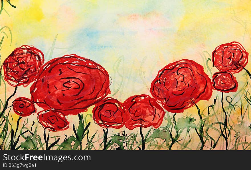 Abstract watercolor red flower background.