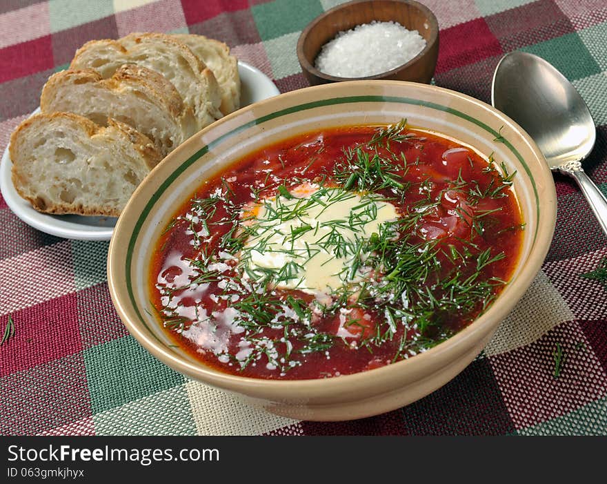 Ukrainian national red soup closeup