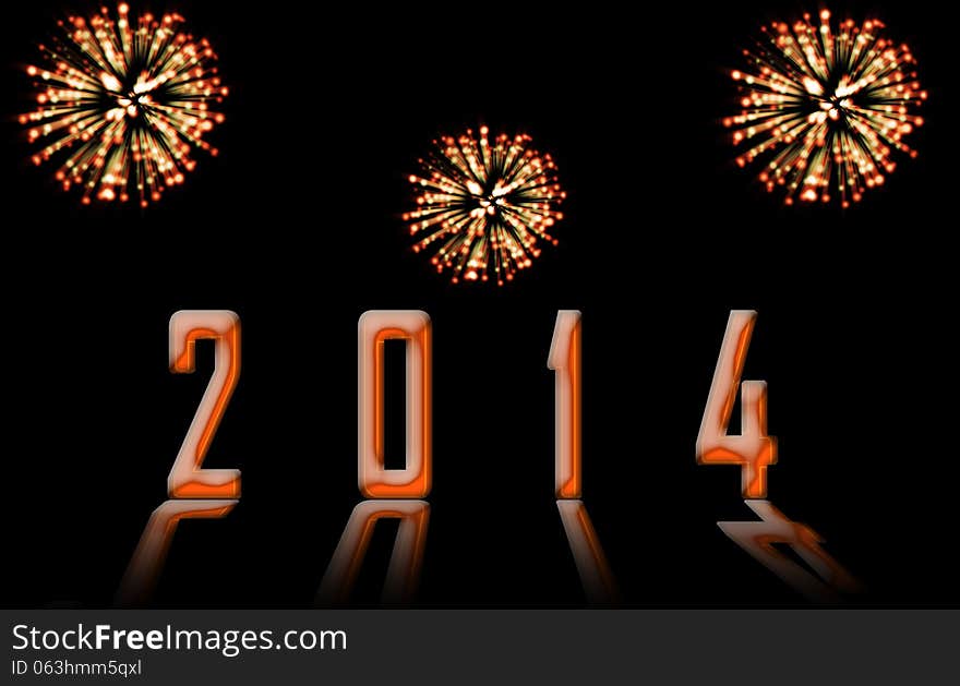 Happy new year 2014 with fireworks in the sky isolated on black background