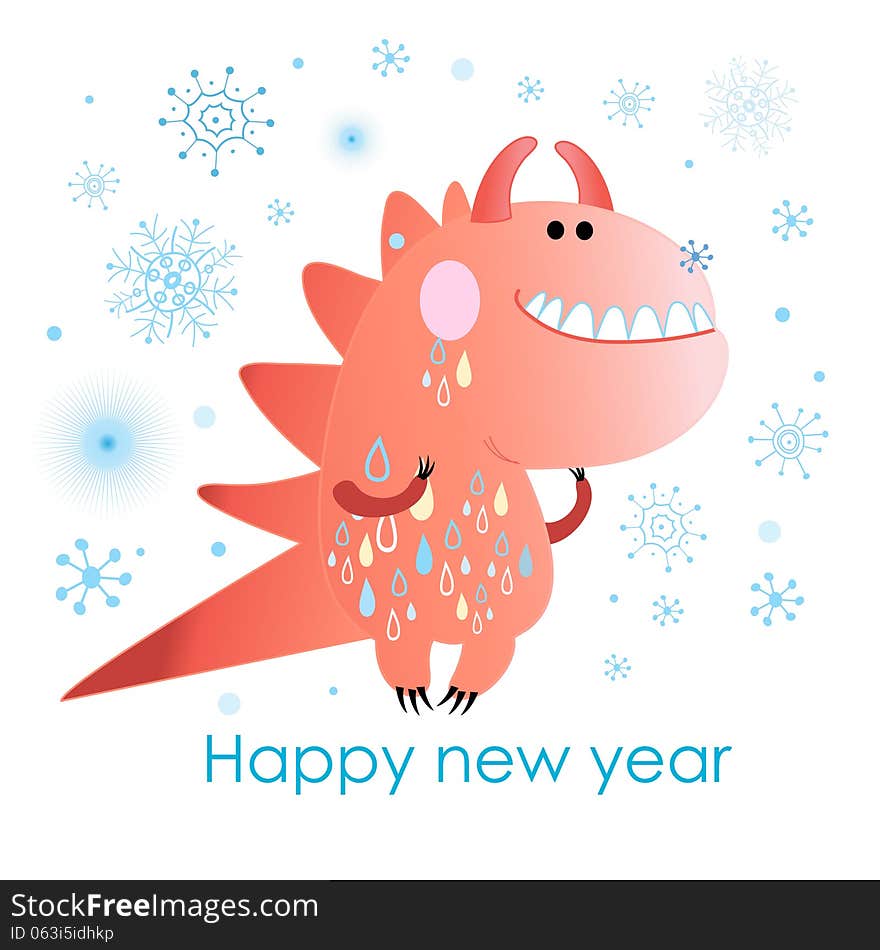 Festive Christmas card with a red monster on a white background with snowflakes. Festive Christmas card with a red monster on a white background with snowflakes