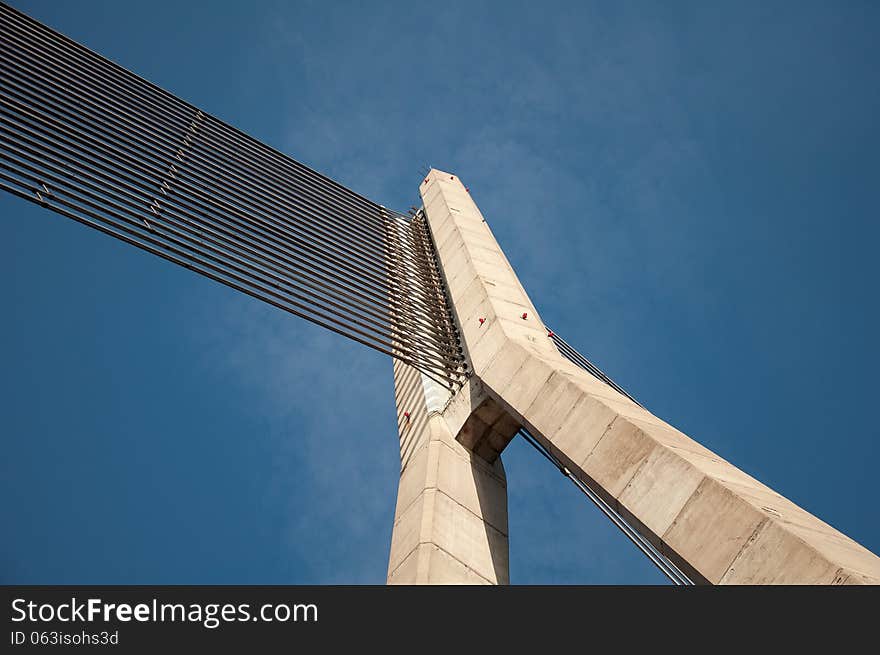 The upper part of the cable-stayed bridge