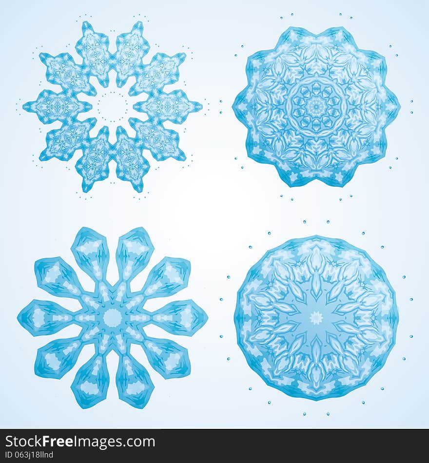 Set of four abstract snowflakes blue-white color