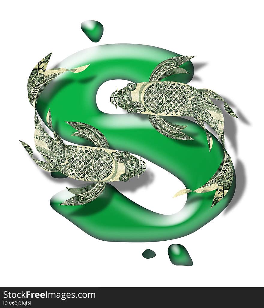 Stylized butterfly koi fish swimming over a green puddle dollar sign. Stylized butterfly koi fish swimming over a green puddle dollar sign