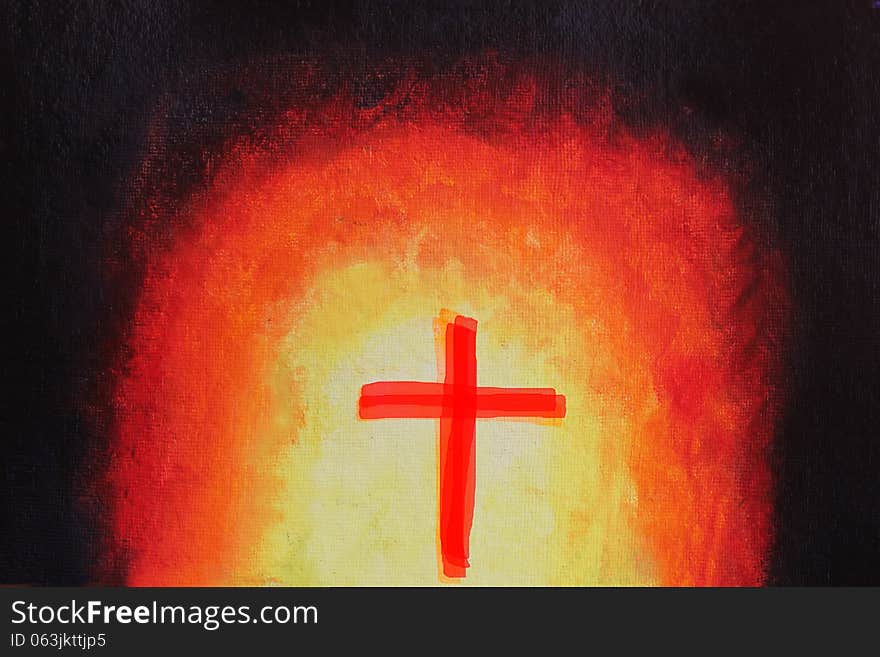 Beautiful abstract acrylic painting with holy cross. The artwork consists religious christian symbol of holy cross in red color against a background of emerging bright light