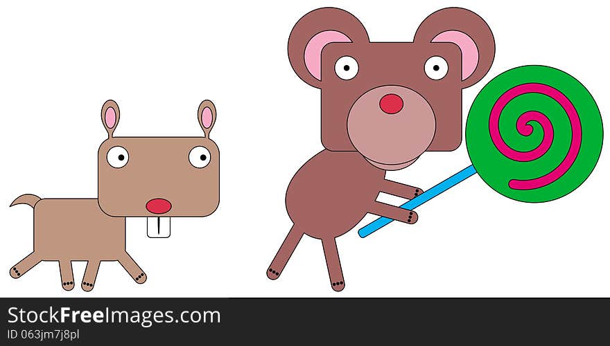 A gopher trying to catch a bear running away with a lollipop. A gopher trying to catch a bear running away with a lollipop