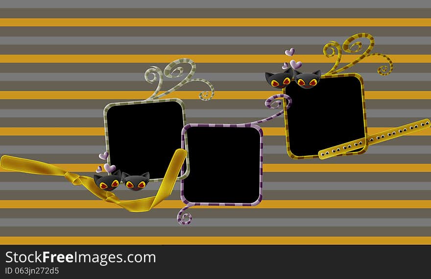 Orange grey purple swirls lines frame design with cats face ornaments, bow, ribbons, and stripes background. Orange grey purple swirls lines frame design with cats face ornaments, bow, ribbons, and stripes background.