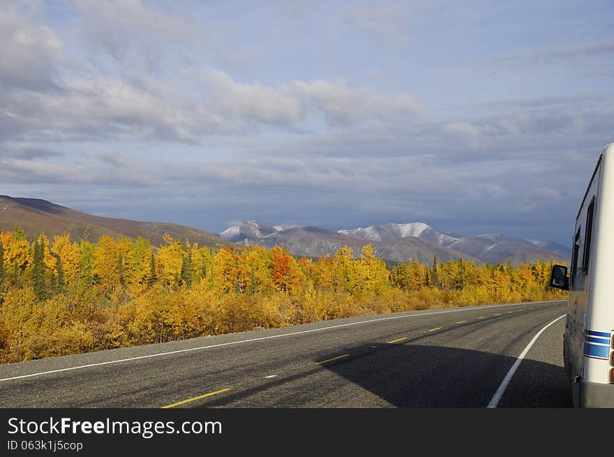 Fall Motor Home Travel in Yukon Canada along the Alaska Highway.