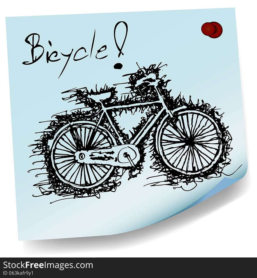 sketch drawing of bicycle on blue sticky paper vector