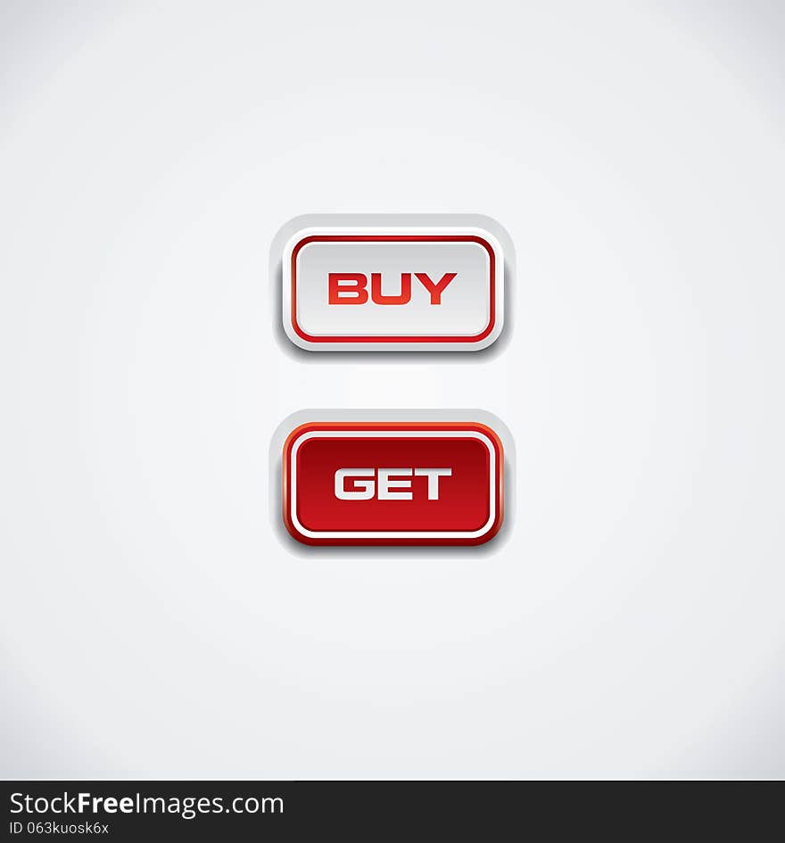 Modern buy and get push buttons, red and white