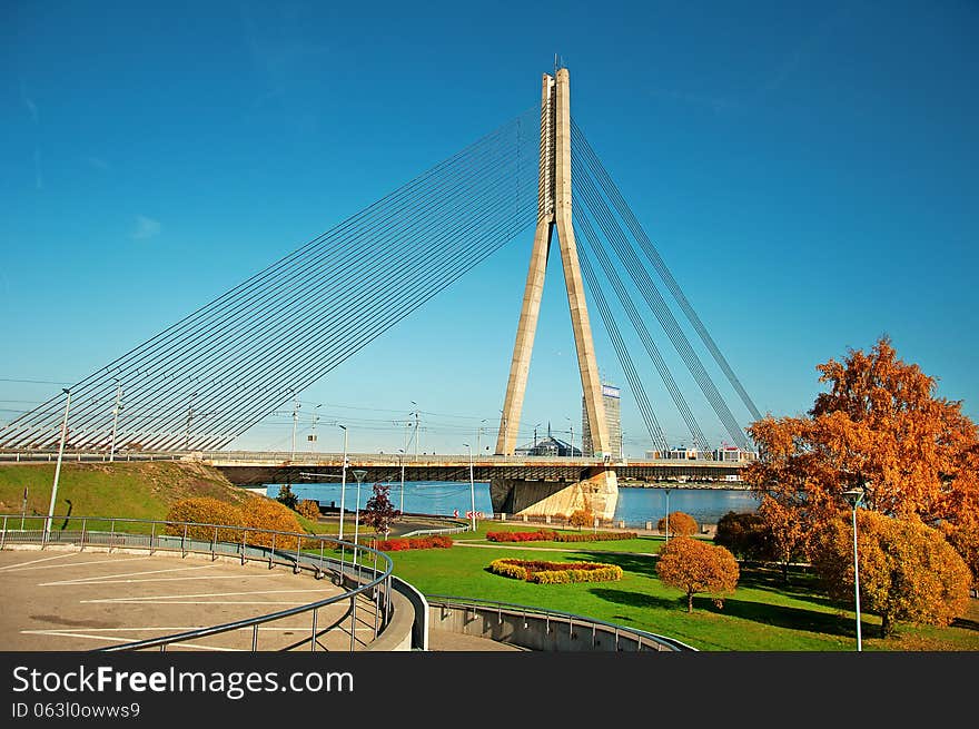 Panorama of Riga with the cable-stayed bridge in Riga