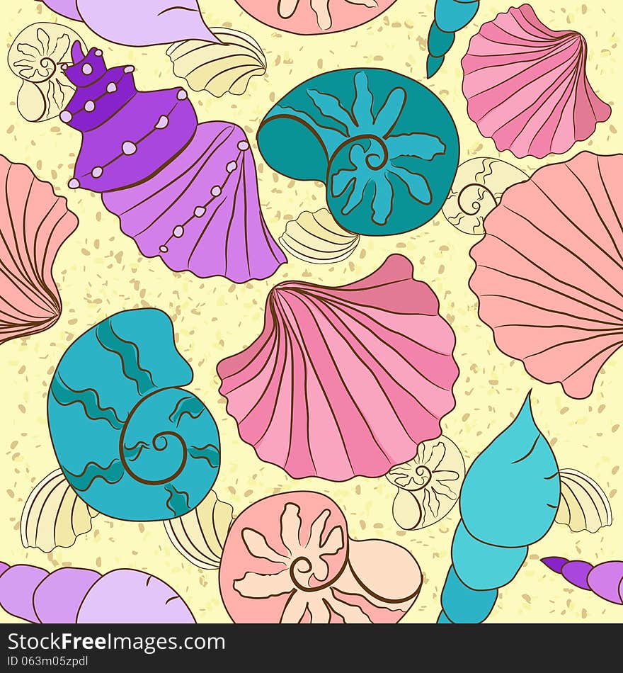 Vector seamless pattern with colored shells