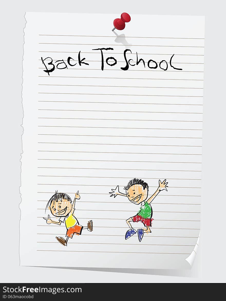 Cute cartoon on notepad with a note that reads Back To School and a pin.Vector file.