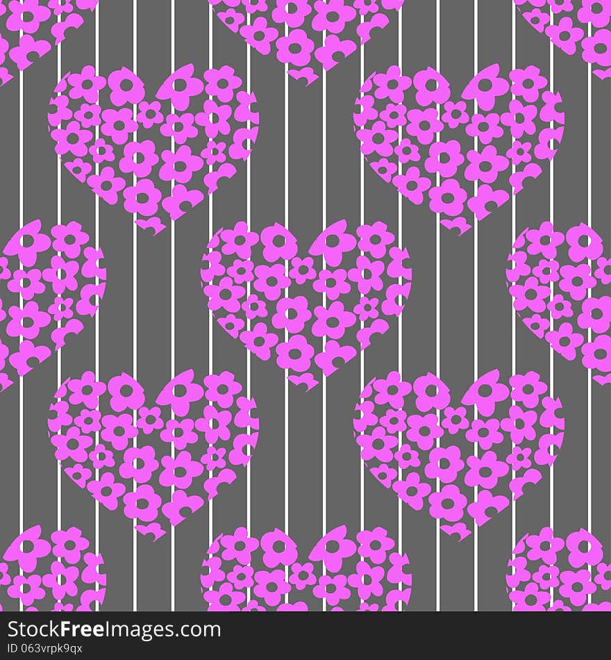 Seamless pattern with bright pink hearts on a stri