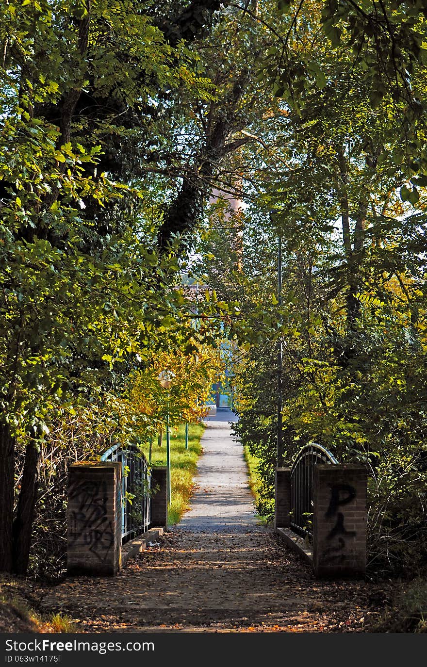 Metal and bricks bridge in autumn park