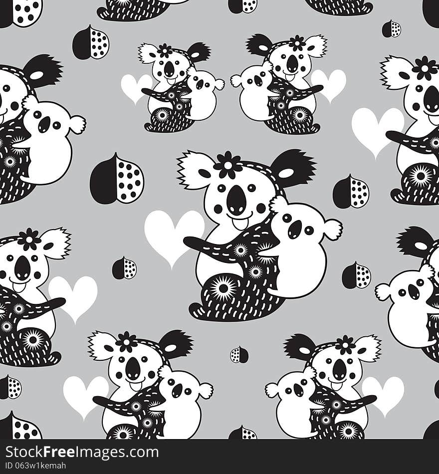 Graphic seamless pattern with funny koalas on a gray background. Graphic seamless pattern with funny koalas on a gray background