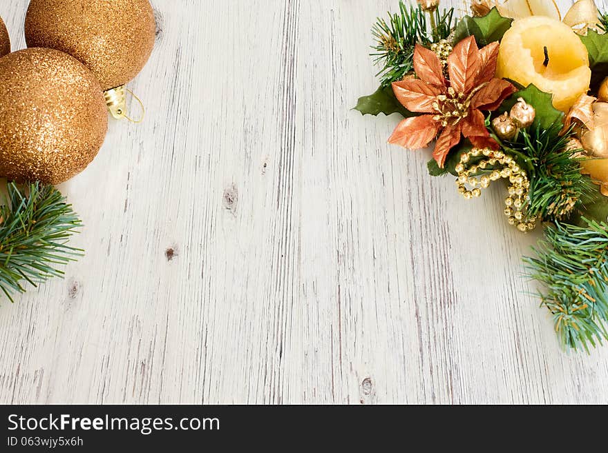 Christmas decorations on old grunge wooden board.