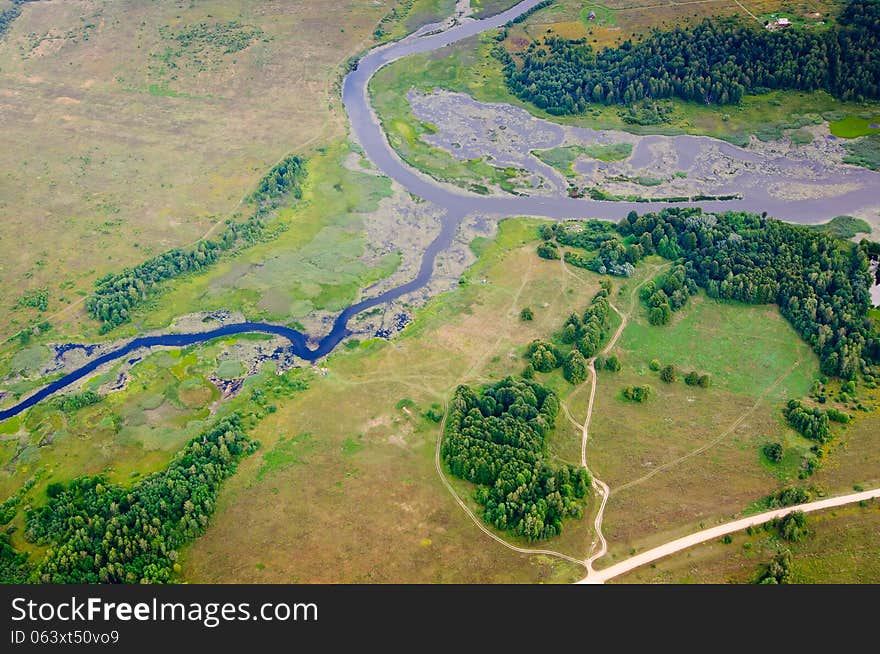 Photo from a height of 600 meters, these shots are taken with ANT. Under the wing of the plane expanse Kimry region Tver region