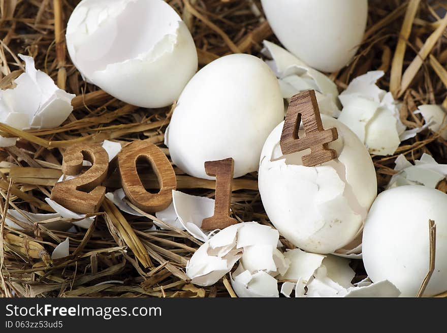 Happy New Year 2014 on a nest of hay, eggs concept.