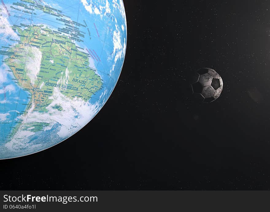 Football circling earth in space. Football circling earth in space