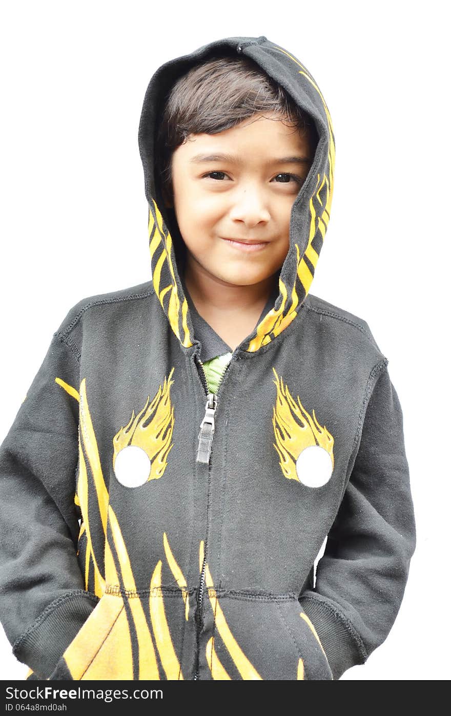 Little boy portrait fire jacket on white background