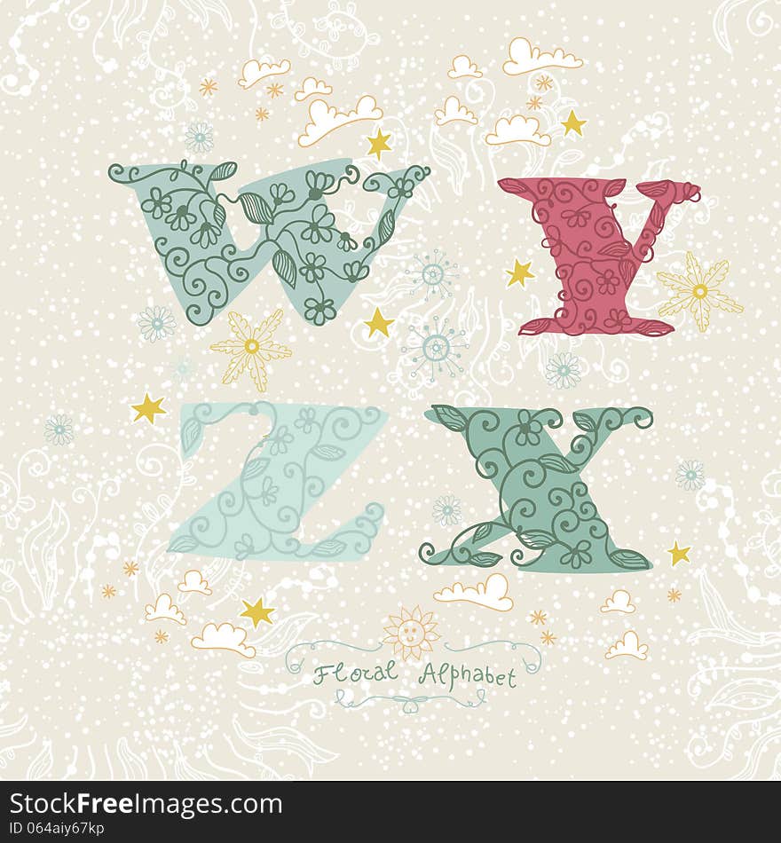 Cute floral alphabet. Letters W, Y, Z, X