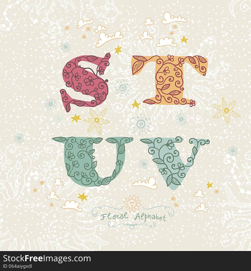 Cute Floral Alphabet. Letters S, T, U, V