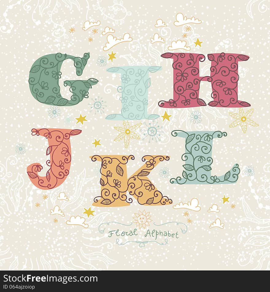 Cute Floral Alphabet. Letters G, I, H, J, K, L