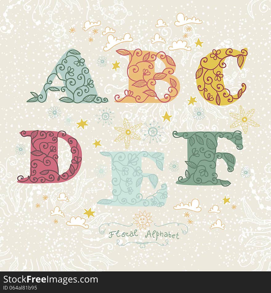 Cute floral alphabet. Letters A, B, C, D, F, E