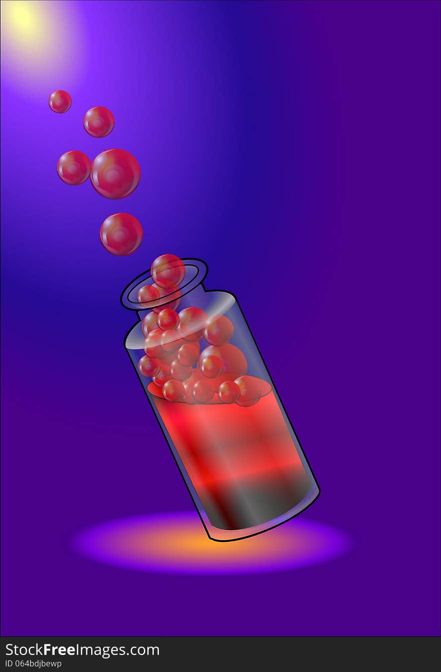 Small bottle with red liquid and foam on a violet background. Small bottle with red liquid and foam on a violet background