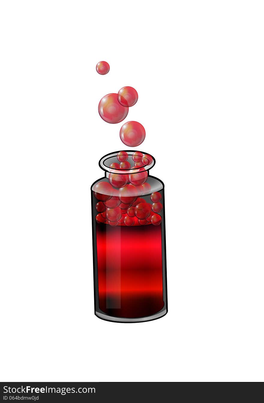 Bottle with red liquid on a white background, bubbles. Bottle with red liquid on a white background, bubbles