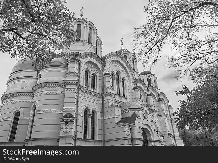 Photo of orthodox Saint Vladimir's Cathedral on cloudy autumn day in black and white. Photo of orthodox Saint Vladimir's Cathedral on cloudy autumn day in black and white