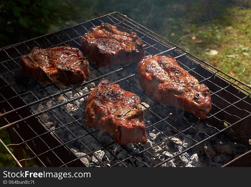 Roasted meat on grill outdoor in summer