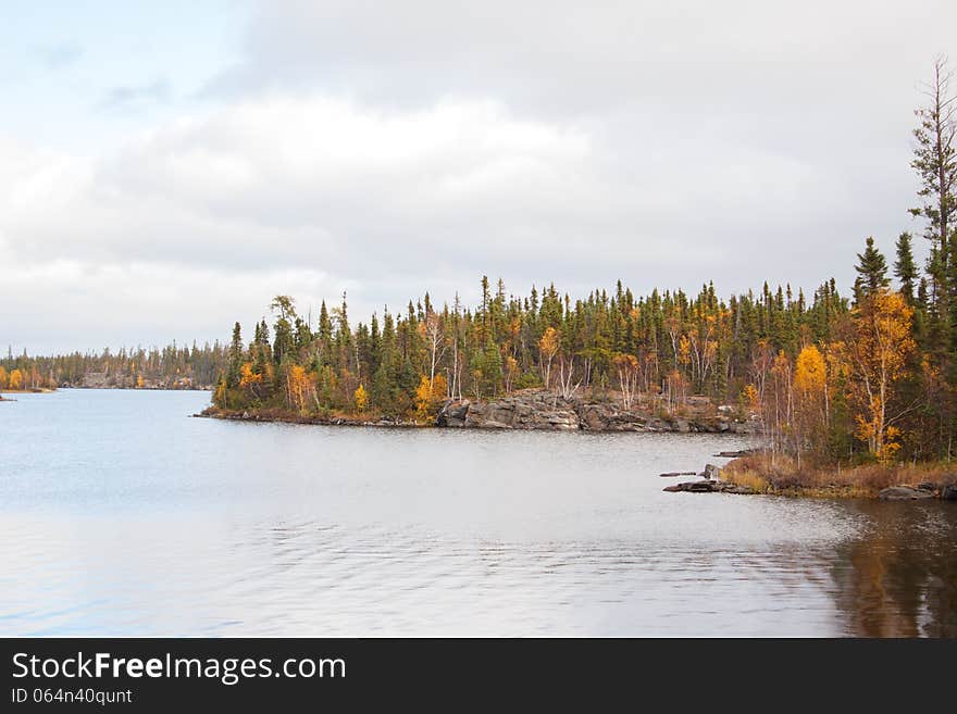 A Winding Lake Surrounded By Fall Trees