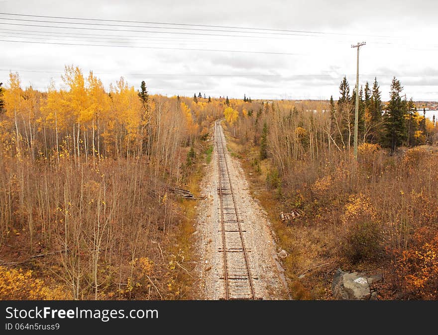 A railroad surrounded by a forest of fall colored trees in the fall under a grey sky. A railroad surrounded by a forest of fall colored trees in the fall under a grey sky