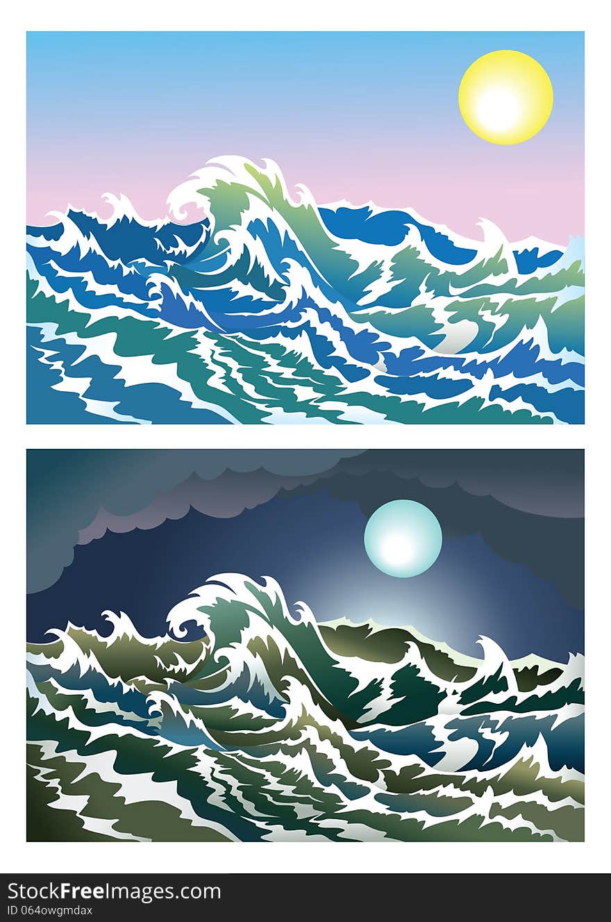 Sea waves in the day and night time, illustration. Sea waves in the day and night time, illustration