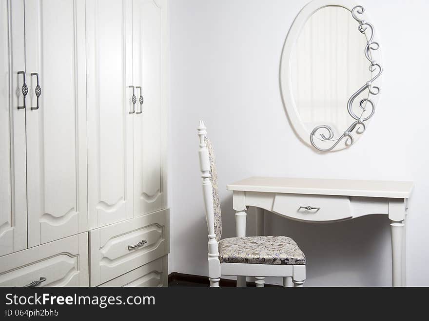 White Table, chair, mirror in ancient, modernist style. White Table, chair, mirror in ancient, modernist style