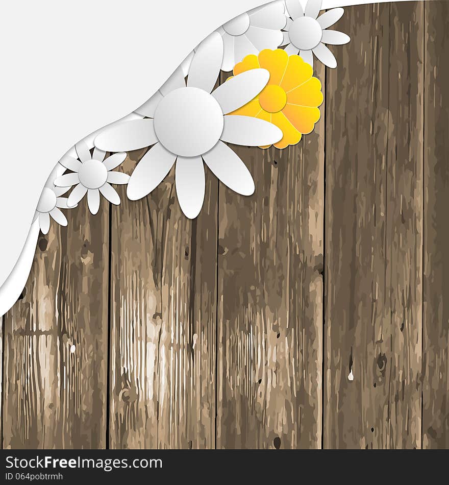 Wooden background with pattern and flowers