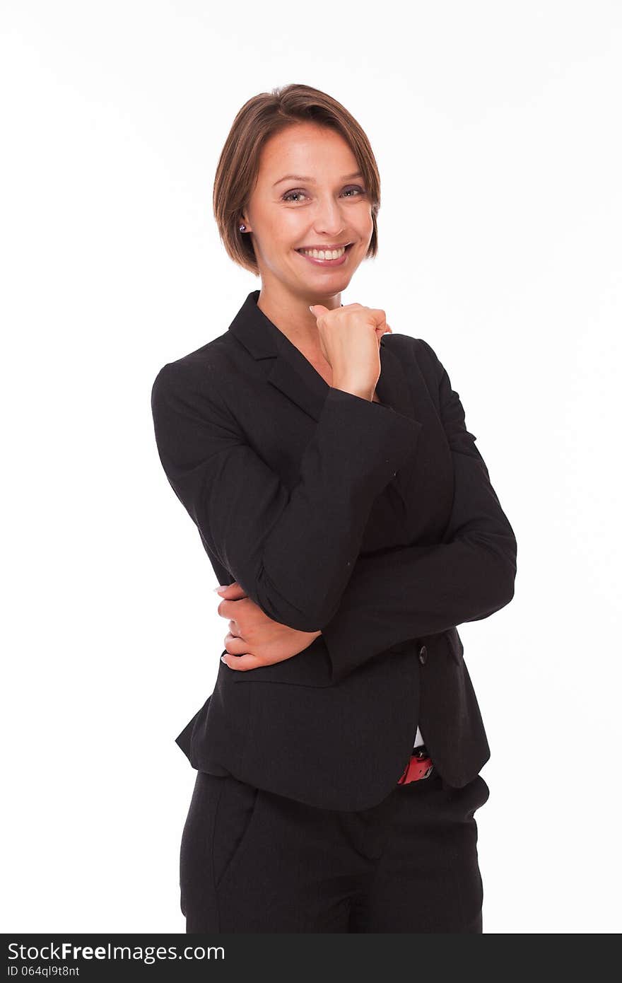 Business woman in suit smiling isolated on white. Business woman in suit smiling isolated on white