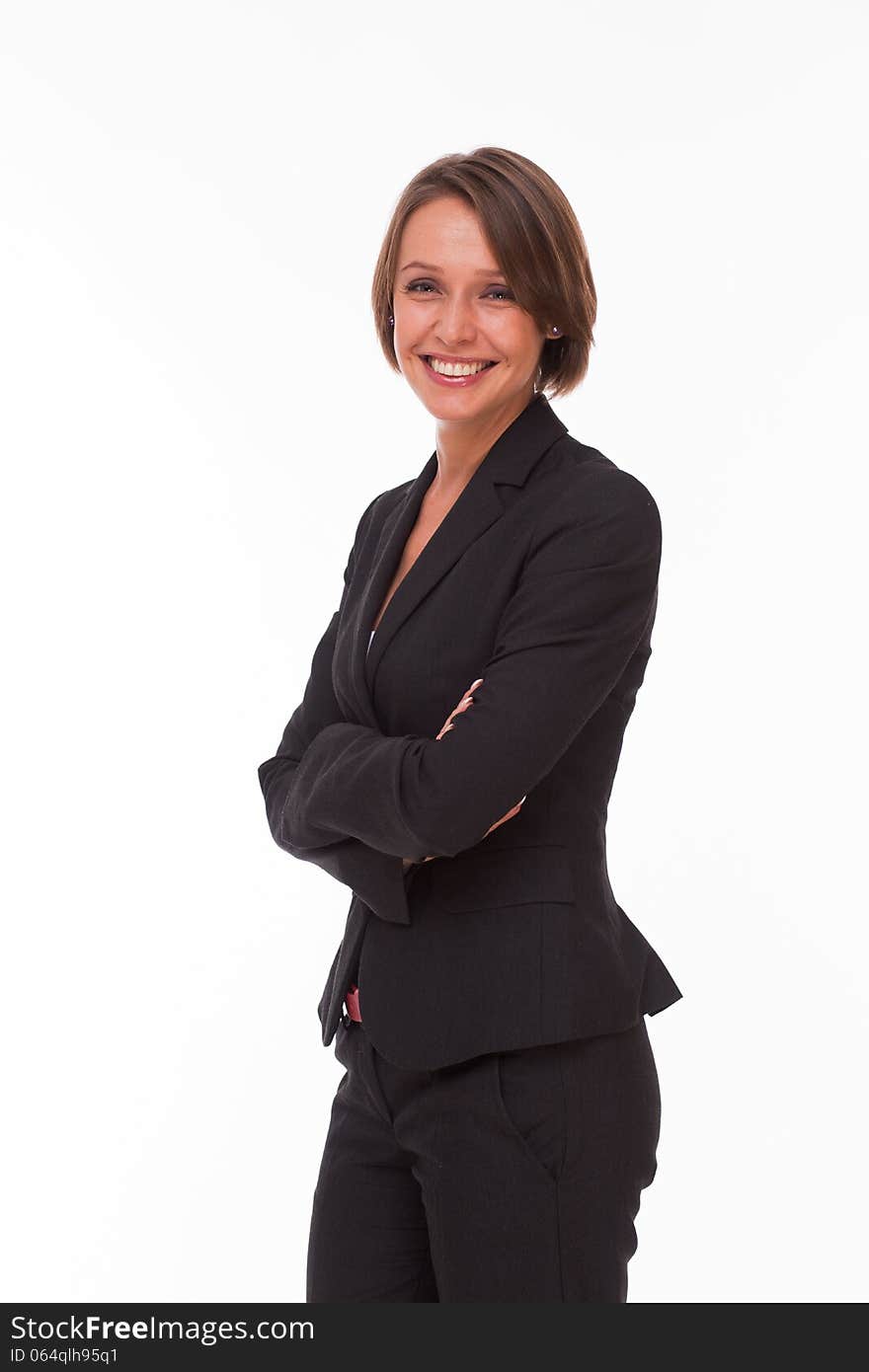 Business woman in suit on white