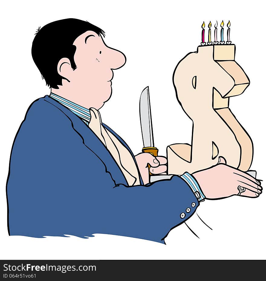 Man about to slice birthday cake in shape of dollar. Man about to slice birthday cake in shape of dollar