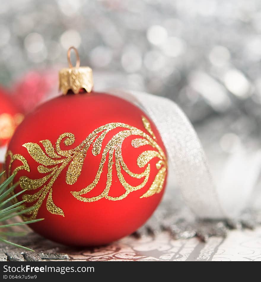 Red And Silver Xmas Ornaments On Bright Holiday Ba