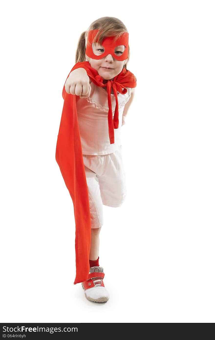 Superhero little girl in a red raincoat and a mask. Superhero little girl in a red raincoat and a mask