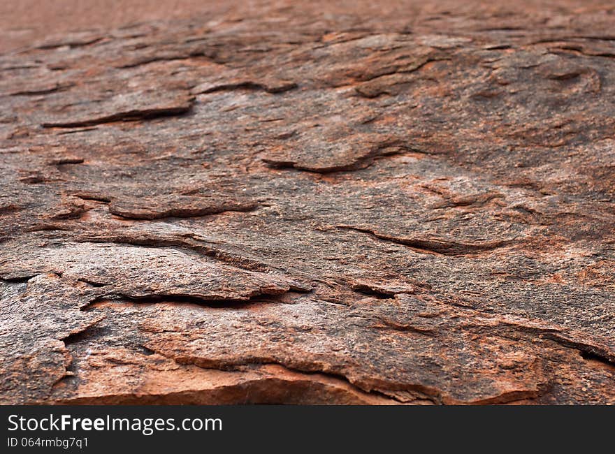 Red rock fragment, red rock detail close up with selective focus, red rock pattern close up with focus to nearest part of photo